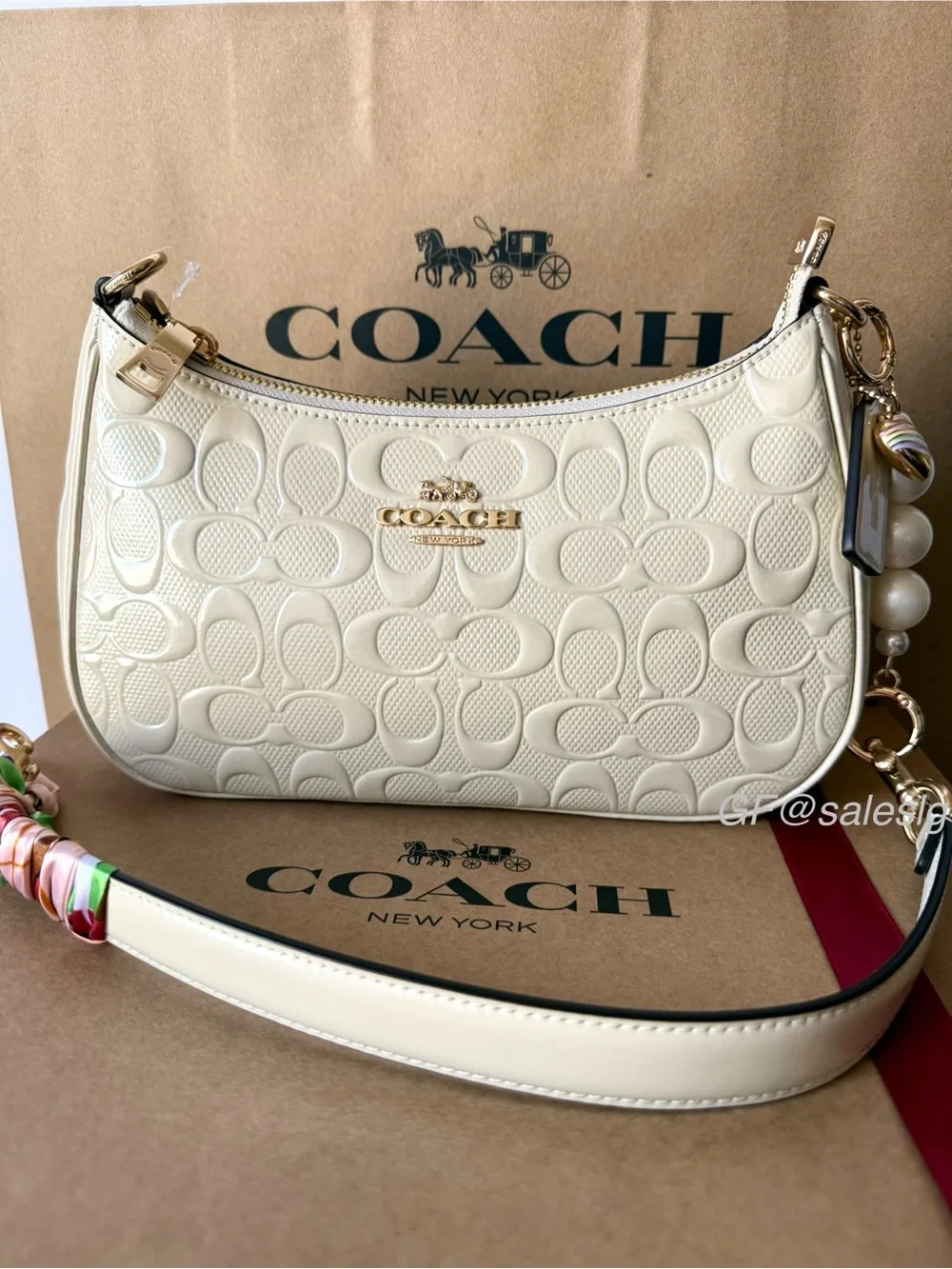 Coach Teri Shoulder Bag Heart Charm patent leather chalkGold gift set NWT